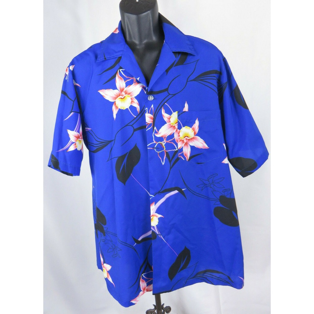Vtg Hukilau Fashions Honolulu Hawaiian Shirt Bold Cobalt Blue 408393 Size XL